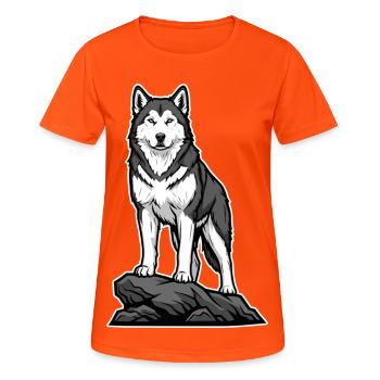 Sibirischer Husky-Hund auf Fels-Nordic-Porträt - Frauen T-Shirt atmungsaktiv - Neonorange - Vorne - AI Model Female 172 dark (172cm)