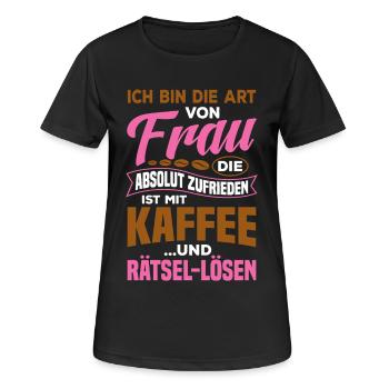 Zufrieden mir Kaffee und Rätsel lösen / Spruch - Frauen T-Shirt atmungsaktiv - Schwarz - Vorne - AI Model Female 172 light (172cm)
