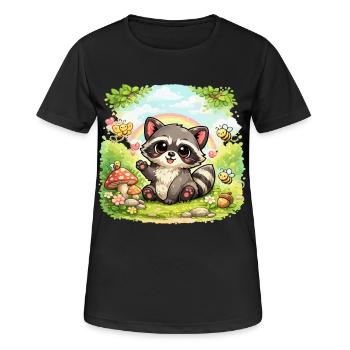 Kleiner Waschbär im Blumenparadies - Frauen T-Shirt atmungsaktiv - Schwarz - Vorne - AI Model Female 172 light (172cm)