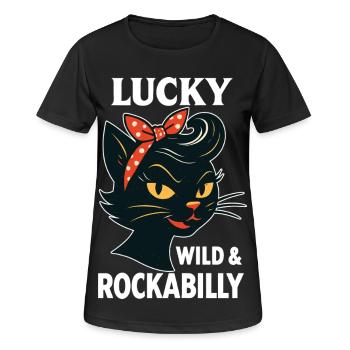 Lucky, Wild & Rockabilly : Black Retro Cat - T-shirt respirant Femme - noir - Devant - AI Model Female 172 light (172cm)