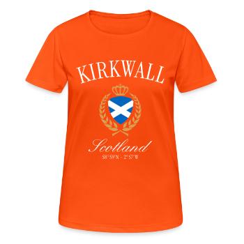 Kirkwall Orkney Schottland Wappen – Reise Souvenir - Frauen T-Shirt atmungsaktiv - Neonorange - Vorne - AI Model Female 172 dark (172cm)
