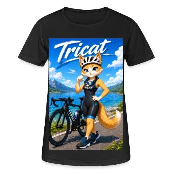 Tricat: Katze im Triathlon Outfit - Frauen T-Shirt atmungsaktiv - Schwarz - Vorne - AI Model Female 172 light (172cm)