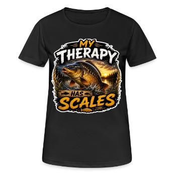Meine Therapie beinhaltet Schuppen-Karpfenfischen - Frauen T-Shirt atmungsaktiv - Schwarz - Vorne - AI Model Female 172 light (172cm)