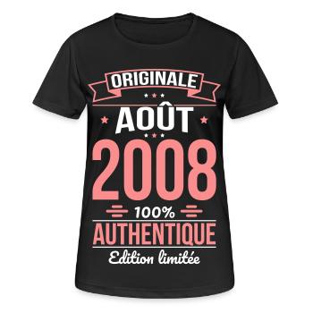 Anniversaire 18 ans - Originale - Août 2008 - T-shirt respirant Femme - noir - Devant - AI Model Female 172 light (172cm)