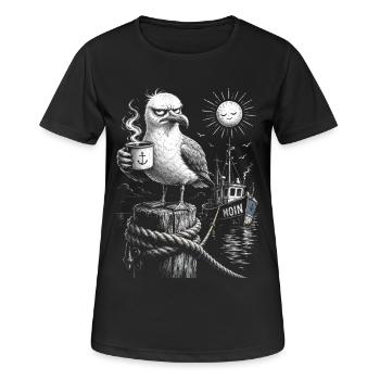MOIN – Grummeliges Möwe mit Kaffee - Frauen T-Shirt atmungsaktiv - Schwarz - Vorne - AI Model Female 172 light (172cm)