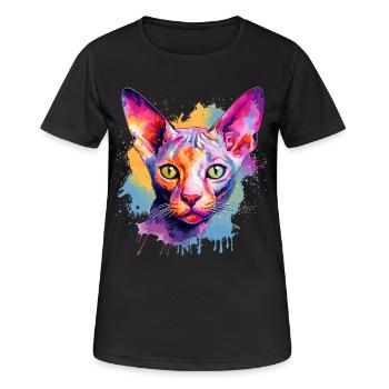 Bunte Splash Art: Cornish Rex Katzengesicht - Frauen T-Shirt atmungsaktiv - Schwarz - Vorne - AI Model Female 172 light (172cm)