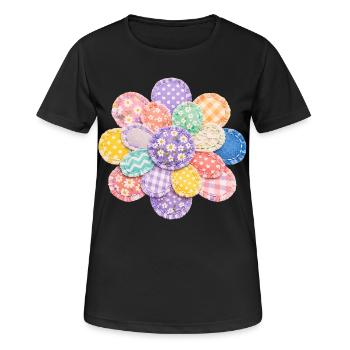Bunte Blume Patchwork Kissen Vintage Design - Frauen T-Shirt atmungsaktiv - Schwarz - Vorne - AI Model Female 172 light (172cm)