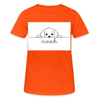 der kleine Welpe schaut Noah an. - Frauen T-Shirt atmungsaktiv - Neonorange - Vorne - AI Model Female 172 dark (172cm)