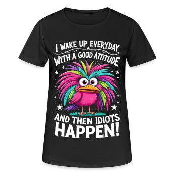 Bunter Vogel - Good Attitude, Then Idiots Happen - Frauen T-Shirt atmungsaktiv - Schwarz - Vorne - AI Model Female 172 light (172cm)