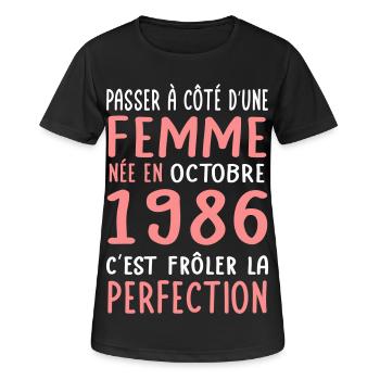 Anniversaire 40 ans - Née en Octobre 1986 - T-shirt respirant Femme - noir - Devant - AI Model Female 172 light (172cm)