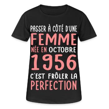 Anniversaire 70 ans - Née en Octobre 1956 - T-shirt respirant Femme - noir - Devant - AI Model Female 172 light (172cm)