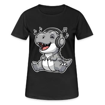T Rex Musik Hören  - Frauen T-Shirt atmungsaktiv - Schwarz - Vorne - AI Model Female 172 light (172cm)