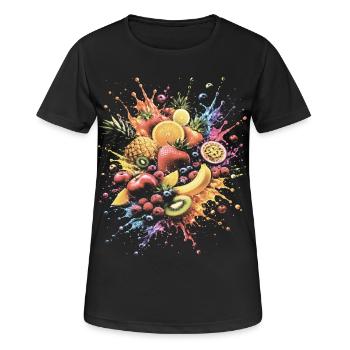 Mehrfarbige tropische Früchte Splash Art - Frauen T-Shirt atmungsaktiv - Schwarz - Vorne - AI Model Female 172 light (172cm)