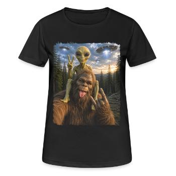 Bigfoot Alien Rocker, Rock Musik, Rock Hand, UFO - Frauen T-Shirt atmungsaktiv - Schwarz - Vorne - AI Model Female 172 light (172cm)