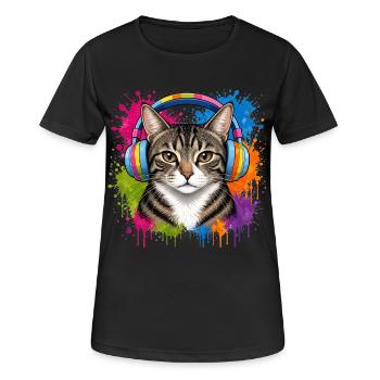 Katze mit Musik Kopfhörer im Farben-Splash Katzen - Frauen T-Shirt atmungsaktiv - Schwarz - Vorne - AI Model Female 172 light (172cm)