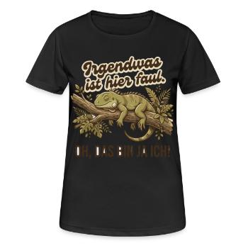 Irgendwas ist hier faul Leguan Spruch - Frauen T-Shirt atmungsaktiv - Schwarz - Vorne - AI Model Female 172 light (172cm)