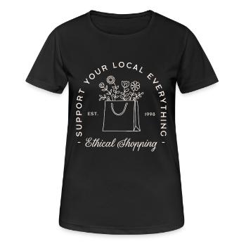 Kaufen Sie lokale Unterstützung für ethisches Einkaufen - Frauen T-Shirt atmungsaktiv - Schwarz - Vorne - AI Model Female 172 light (172cm)
