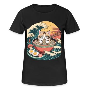 Süße Katze in Ramen-Schüssel Anime-Nudelwellen - Frauen T-Shirt atmungsaktiv - Schwarz - Vorne - AI Model Female 172 light (172cm)