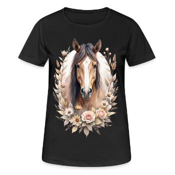 Cheval brun avec des roses - T-shirt respirant Femme - noir - Devant - AI Model Female 172 light (172cm)