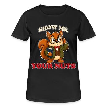 Show Me Your Nuts Funny Professor Squirrel Mascot - Women's Breathable T-Shirt - black - Front - AI Model Female 172 light (172cm)
