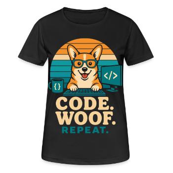 Code Woof Programmeur Répétition Corgi - T-shirt respirant Femme - noir - Devant - AI Model Female 172 light (172cm)