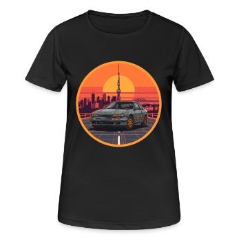 Retro 80er JDM Coupé Tokyo Tower Sonnenuntergangsemblem - Frauen T-Shirt atmungsaktiv - Schwarz - Vorne - AI Model Female 172 light (172cm)