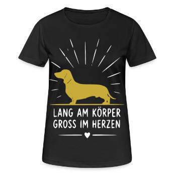 Dackel Herzdesign Lang am Körper - Frauen T-Shirt atmungsaktiv - Schwarz - Vorne - AI Model Female 172 light (172cm)