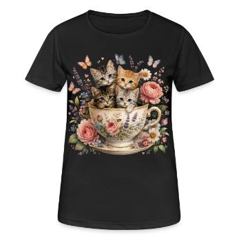 Chatons Dans Une Tasse De Thé Fleurs Vintage - T-shirt respirant Femme - noir - Devant - AI Model Female 172 light (172cm)