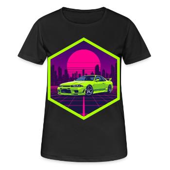 90er Synthwave R32 Limettengrüner JDM Neon Hex-Aufkleber - Frauen T-Shirt atmungsaktiv - Schwarz - Vorne - AI Model Female 172 light (172cm)