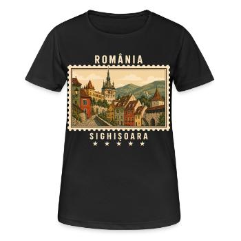 Rumänien Sighișoara Vintage Reisemarke - Frauen T-Shirt atmungsaktiv - Schwarz - Vorne - AI Model Female 172 light (172cm)