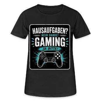 Hausaufgaben? Nein Danke! Gaming - Ja Bitte! - Frauen T-Shirt atmungsaktiv - Schwarz - Vorne - AI Model Female 172 light (172cm)