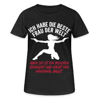 Beste Frau der Welt Verrückt Ehemann Spruch - Frauen T-Shirt atmungsaktiv - Schwarz - Vorne - AI Model Female 172 light (172cm)