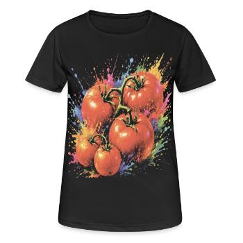 Tomato on the Vine, mehrfarbiges Gemüse, Splash Art - Frauen T-Shirt atmungsaktiv - Schwarz - Vorne - AI Model Female 172 light (172cm)