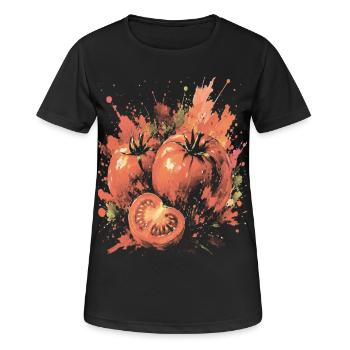 Rotes Tomatengemüse-Splash-Kunst-Aquarell - Frauen T-Shirt atmungsaktiv - Schwarz - Vorne - AI Model Female 172 light (172cm)