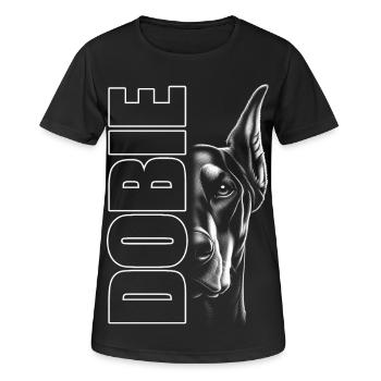 Portrait de doberman avec lettres verticales DOBIE - T-shirt respirant Femme - noir - Devant - AI Model Female 172 light (172cm)