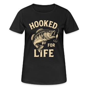 Angler T-Shirt Hooked for Life – Fisch am Haken - Frauen T-Shirt atmungsaktiv - Schwarz - Vorne - AI Model Female 172 light (172cm)
