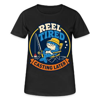Reel Tired – Angeln später - Frauen T-Shirt atmungsaktiv - Schwarz - Vorne - AI Model Female 172 light (172cm)