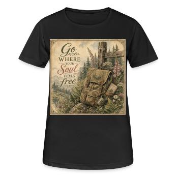 Wanderrucksack Retro Wandbild Natur Deko Poster - Frauen T-Shirt atmungsaktiv - Schwarz - Vorne - AI Model Female 172 light (172cm)