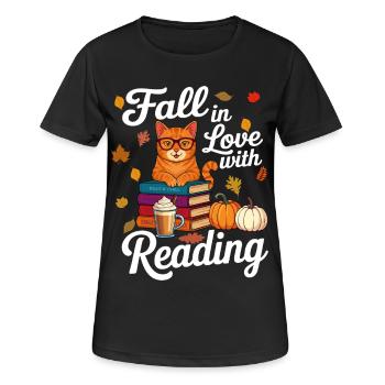 Cat Reading Books Autumn Pumpkin - Book Lover - Women's Breathable T-Shirt - black - Front - AI Model Female 172 light (172cm)