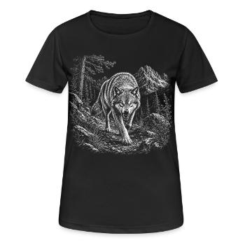 Wild wolf in mountain landscape in engraving style - Women's Breathable T-Shirt - black - Front - AI Model Female 172 light (172cm)