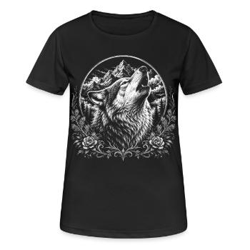 Howling wolf in mountain landscape in engraving style - Women's Breathable T-Shirt - black - Front - AI Model Female 172 light (172cm)
