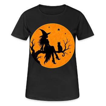 Sorcière d’Halloween avec un motif de t-shirt de chat en pleine lune - T-shirt respirant Femme - noir - Devant - AI Model Female 172 light (172cm)