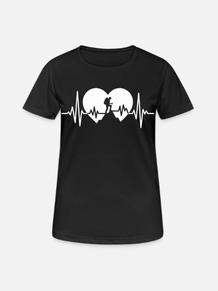 Wandern Shirt – Heartbeat Bergsteiger Design - Frauen T-Shirt atmungsaktiv - Schwarz