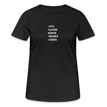 Muskelgruppen Mix: Lats Glutes Quads - Frauen T-Shirt atmungsaktiv - Schwarz - Vorne - AI Model Female 172 light (172cm)