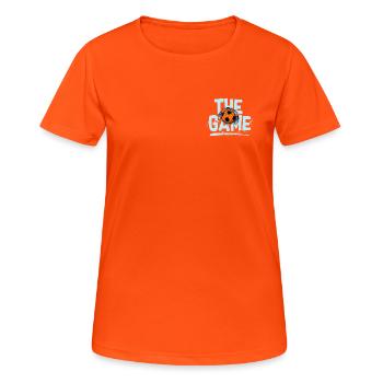 Game Beats: Fußball mit Kopfhörern - Frauen T-Shirt atmungsaktiv - Neonorange - Vorne - AI Model Female 172 dark (172cm)