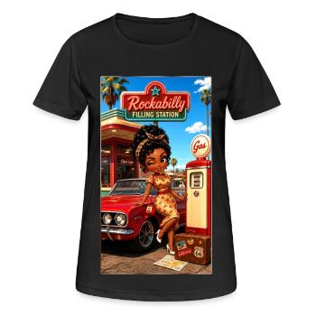 Gloria Pinup Cherry 50s Tankstelle – Kek-Ina - Frauen T-Shirt atmungsaktiv - Schwarz - Vorne - AI Model Female 172 light (172cm)