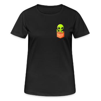 Grüner Alien in Brusttasche - Peace - Frauen T-Shirt atmungsaktiv - Schwarz - Vorne - AI Model Female 172 light (172cm)