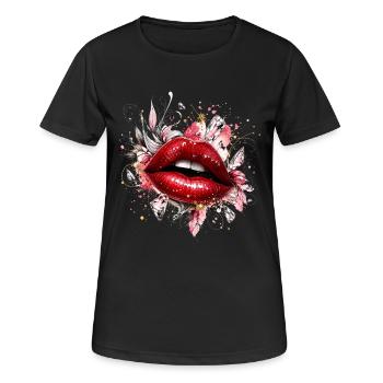 Lèvres rouges avec des losanges et des fleurs - T-shirt respirant Femme - noir - Devant - AI Model Female 172 light (172cm)