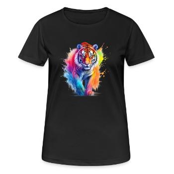 Tigre arc-en-ciel en aquarelle couleur éclaboussure. Look - T-shirt respirant Femme - noir - Devant - AI Model Female 172 light (172cm)