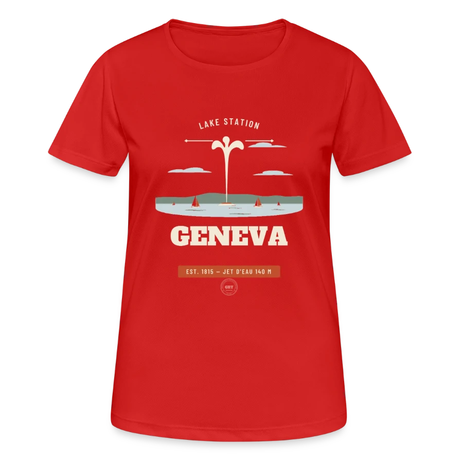 Geneva badge on a women's breathable t-shirt, red